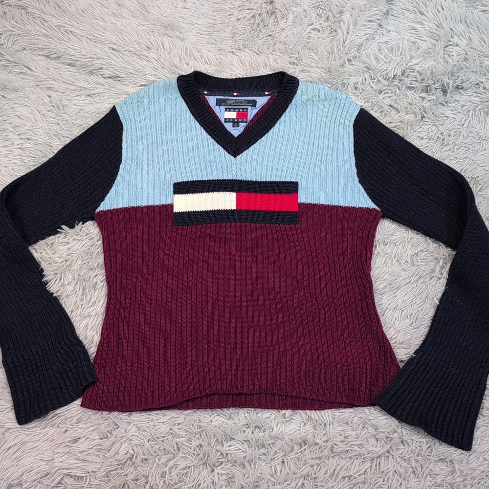 Vintage Tommy Hilfiger Sweater Womens L Blue 90's Comfy Casual Preppy V Neck